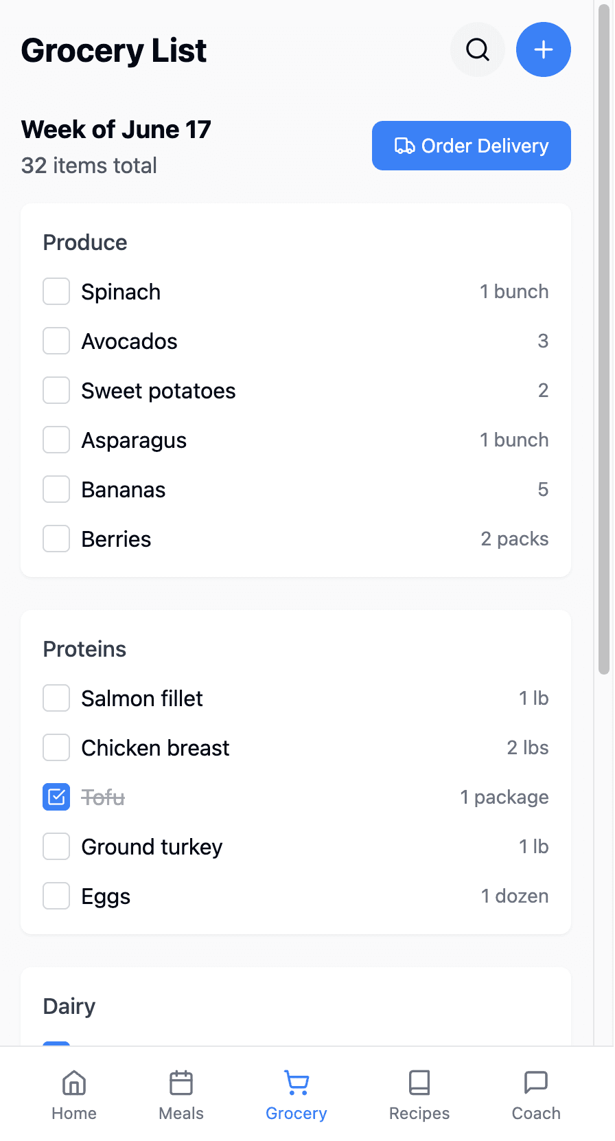 Organized grocery list with Instacart integration