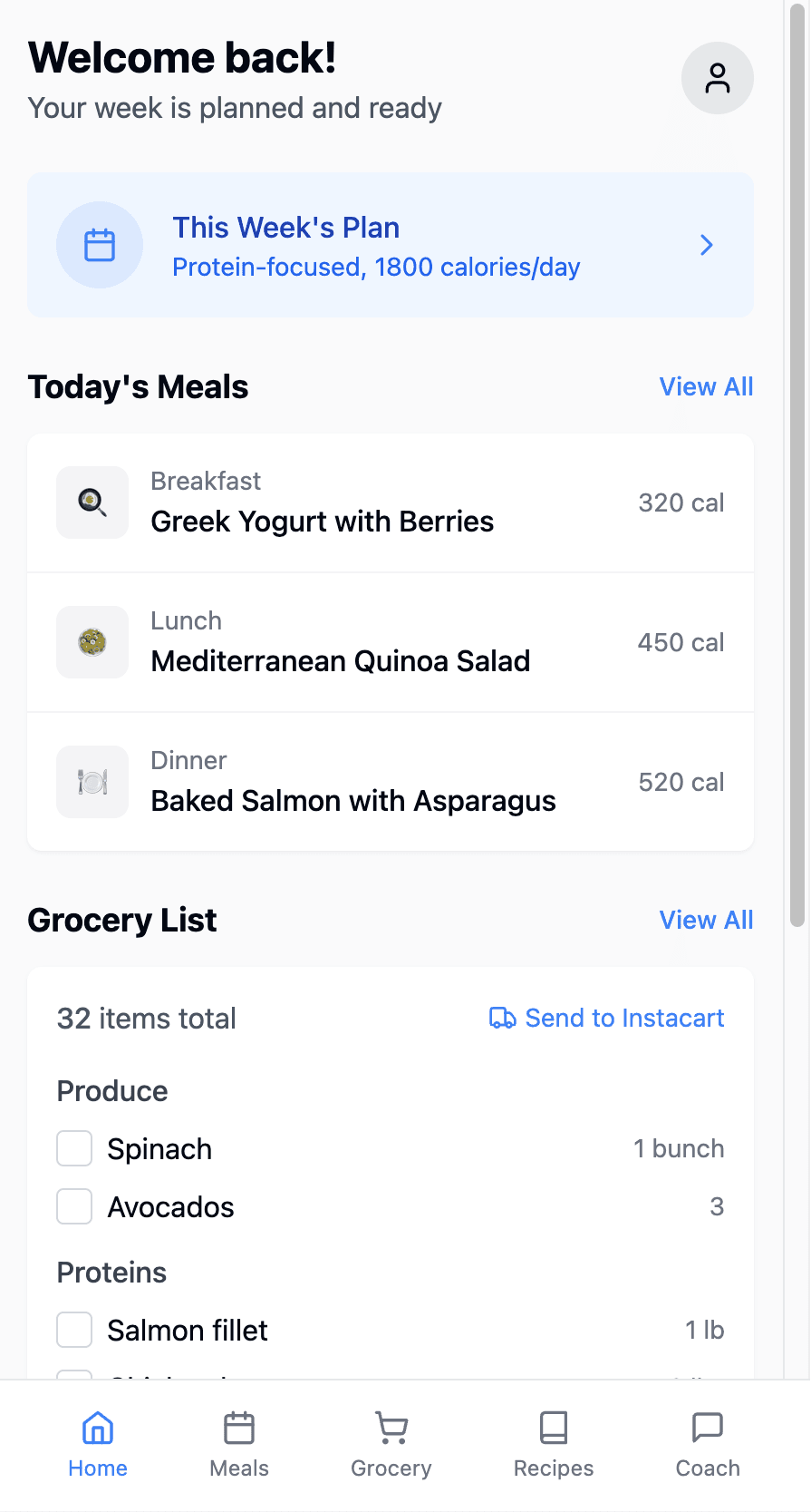 PlateCoach home dashboard with weekly meal plans and grocery lists