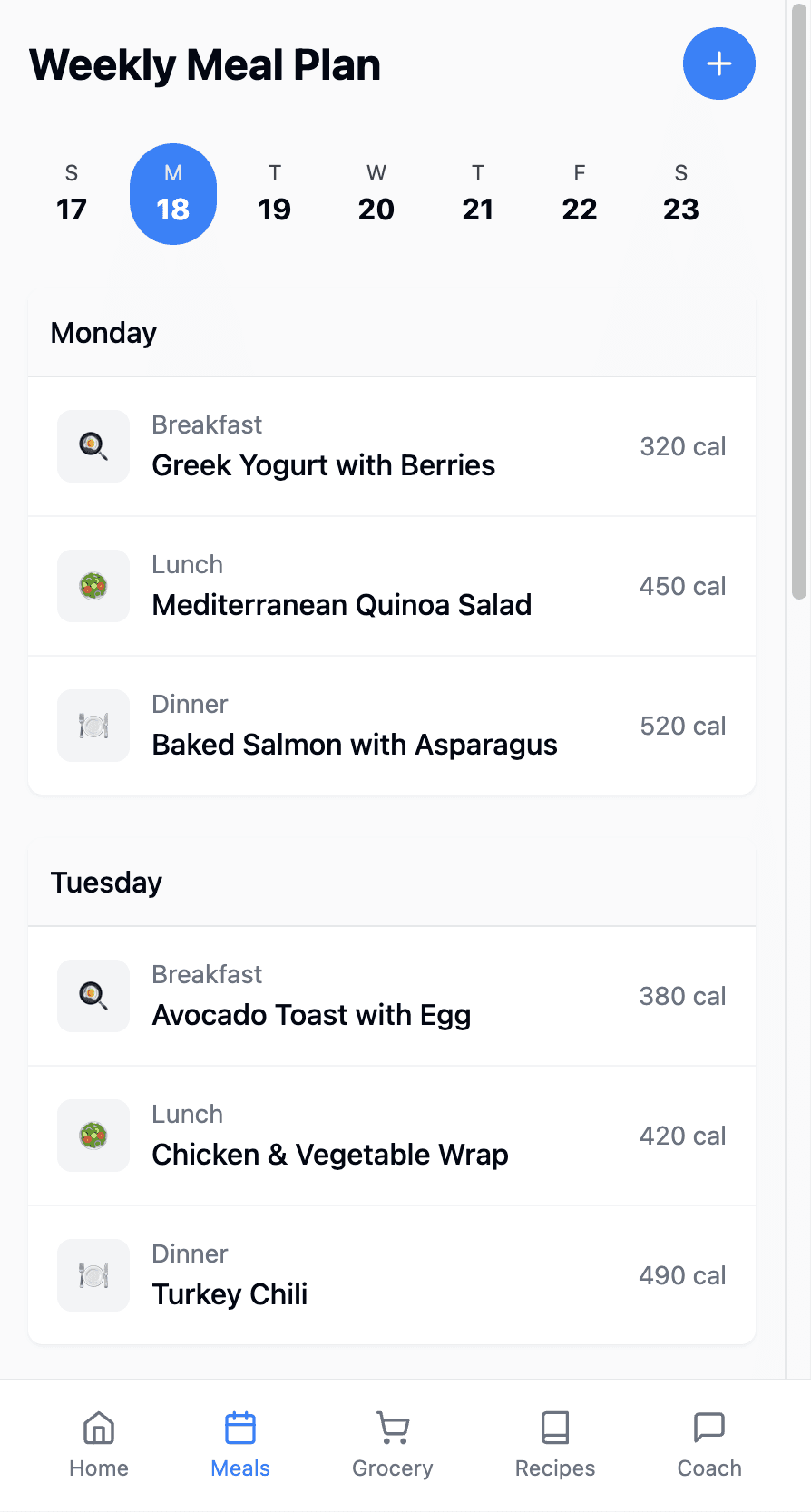 Weekly meal planning calendar in PlateCoach